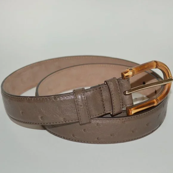 NWT GUCCI OSTRICH LEATHER SILVER HARDWARE BELT WITH BAMBOO BUCKLE